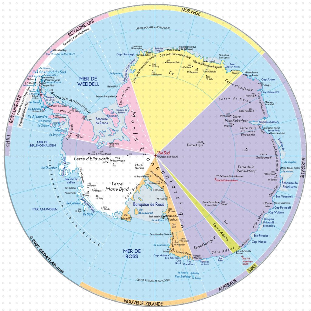 Une carte de l'Antarctique expriment les différentes revendications territoriales